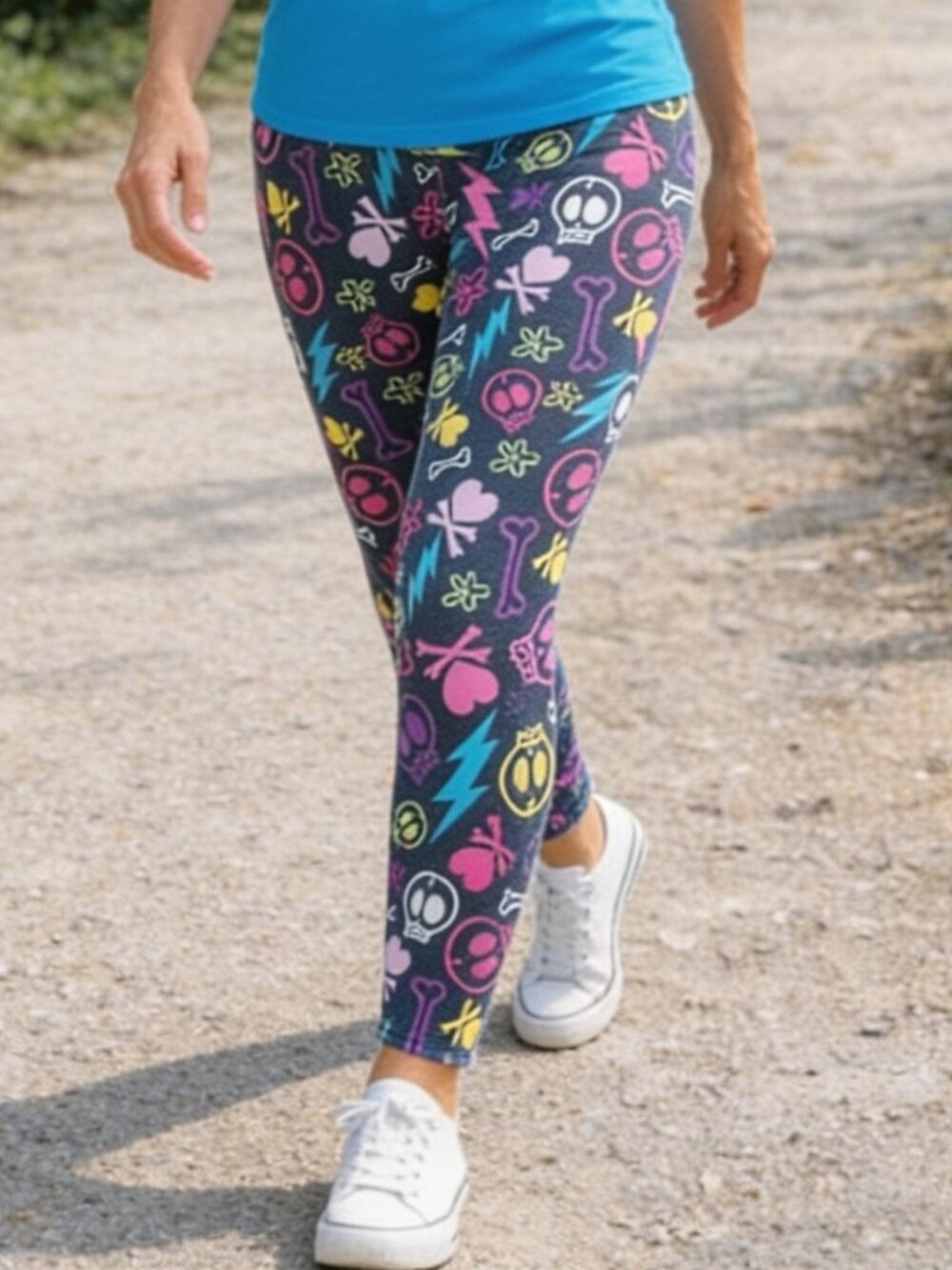 XL Women's Rainbow Skull Long Leggings XLG Stretchy Comfy Pants Halloween